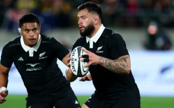 Tyrel Lomax of New Zealand charges forward during The Rugby Championship &amp; Bledisloe Cup match between New Zealand and Australia ahead of the All Blacks' Autumn International 2024 tour 