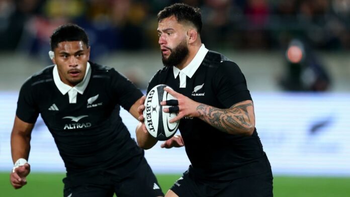 Tyrel Lomax of New Zealand charges forward during The Rugby Championship &amp; Bledisloe Cup match between New Zealand and Australia ahead of the All Blacks' Autumn International 2024 tour 