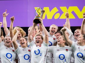 Team England celebrates winning the WXV 1 Tournament against Canada during a trophy ceremony, in Vancouver, on Saturday, October 12, 2024.