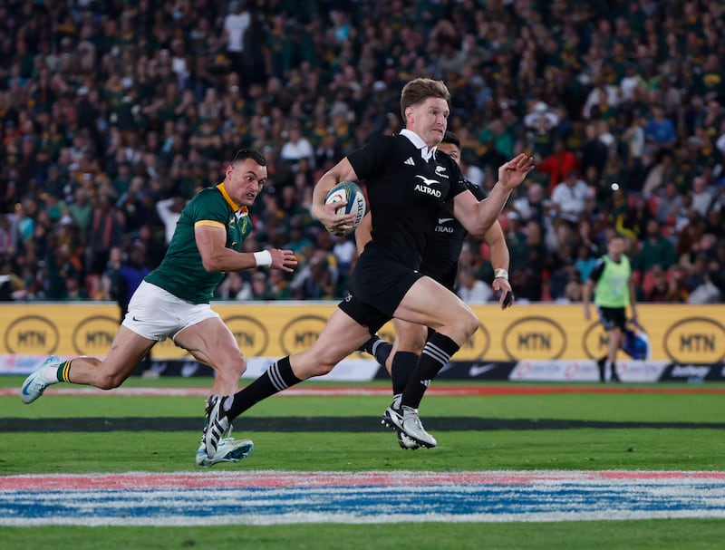 New Zealand’s Jordie Barrett makes a break during the Rugby Championship game against South Africa at Ellis Park in Johannesburg in August. Photograph: Catherine Kotz/Inpho/Photosport