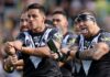 James Fisher-Harris of New Zealand leads the haka during the Men's Pacific Championship 