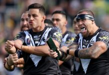 James Fisher-Harris of New Zealand leads the haka during the Men's Pacific Championship 