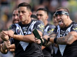 James Fisher-Harris of New Zealand leads the haka during the Men's Pacific Championship 