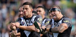 James Fisher-Harris of New Zealand leads the haka during the Men's Pacific Championship 