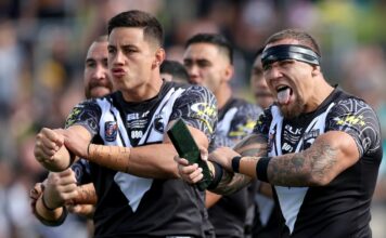 James Fisher-Harris of New Zealand leads the haka during the Men's Pacific Championship 