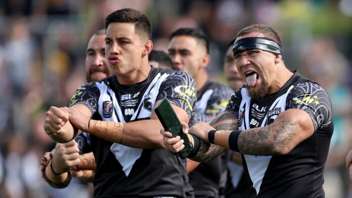 James Fisher-Harris of New Zealand leads the haka during the Men's Pacific Championship 