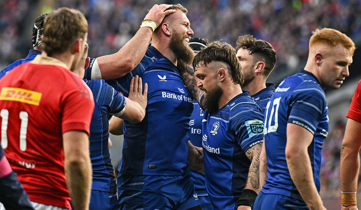 RG Snyman of Leinster celebrates with team-mates after scoring their side's fourth try during the United Rugby Championship match between Leinster and Munster at Croke Park in Dublin. Pic: Sam Barnes/Sportsfile