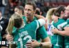 Ireland head coach Scott Bemand celebrates Ireland's thrilling win over New Zealand with centre Aoife Dalton