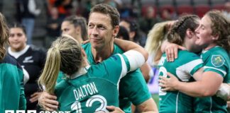 Ireland head coach Scott Bemand celebrates Ireland's thrilling win over New Zealand with centre Aoife Dalton