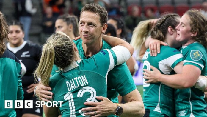 Ireland head coach Scott Bemand celebrates Ireland's thrilling win over New Zealand with centre Aoife Dalton