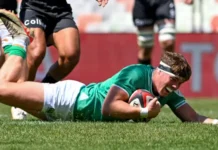 Jude Postlethwaite touches down for Emerging Ireland's opening try in Bloemfontein