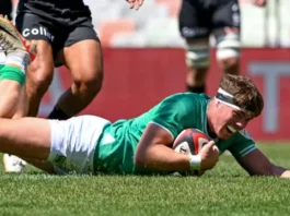 Jude Postlethwaite touches down for Emerging Ireland's opening try in Bloemfontein