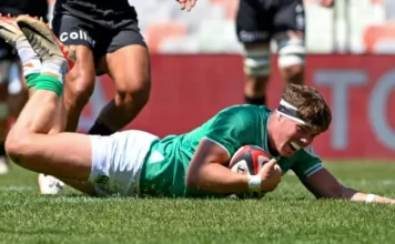 Jude Postlethwaite touches down for Emerging Ireland's opening try in Bloemfontein