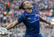 James Lowe shows his delight after scoring Leinster's first try in the sixth minute and Leo Cullen's side were soon 21-0 ahead