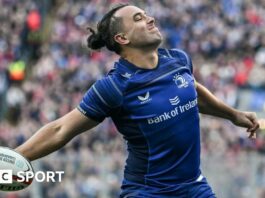 James Lowe shows his delight after scoring Leinster's first try in the sixth minute and Leo Cullen's side were soon 21-0 ahead