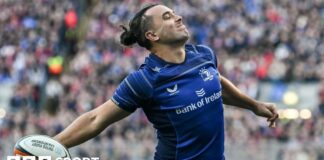 James Lowe shows his delight after scoring Leinster's first try in the sixth minute and Leo Cullen's side were soon 21-0 ahead