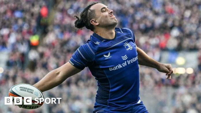 James Lowe shows his delight after scoring Leinster's first try in the sixth minute and Leo Cullen's side were soon 21-0 ahead