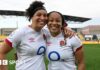 Sadia Kabeya and Shaunagh Brown smiling after an England win in 2022