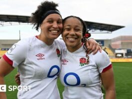 Sadia Kabeya and Shaunagh Brown smiling after an England win in 2022