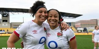 Sadia Kabeya and Shaunagh Brown smiling after an England win in 2022