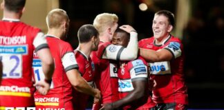 Gloucester's Christian Wade is congratulated by his teammates after scoring a try during the Gallagher Premiership match at Ashton Gate, Bristol.