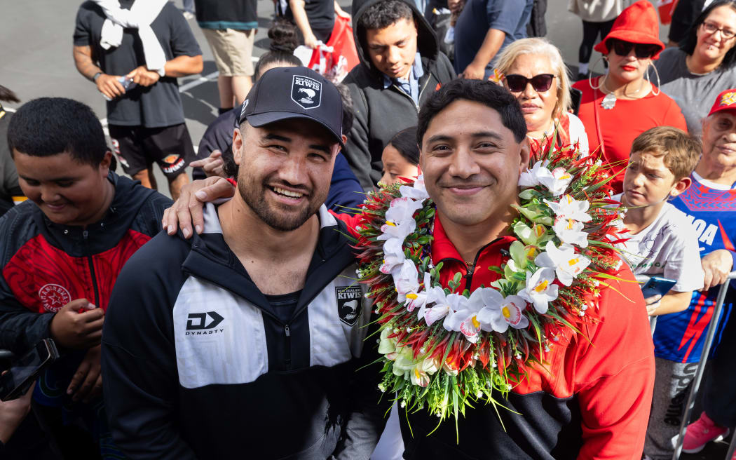 Kiwis centre Peta Hiku with Tonga forward Jason Taumalolo during the Kiwis Fan Day at Lilyworld.