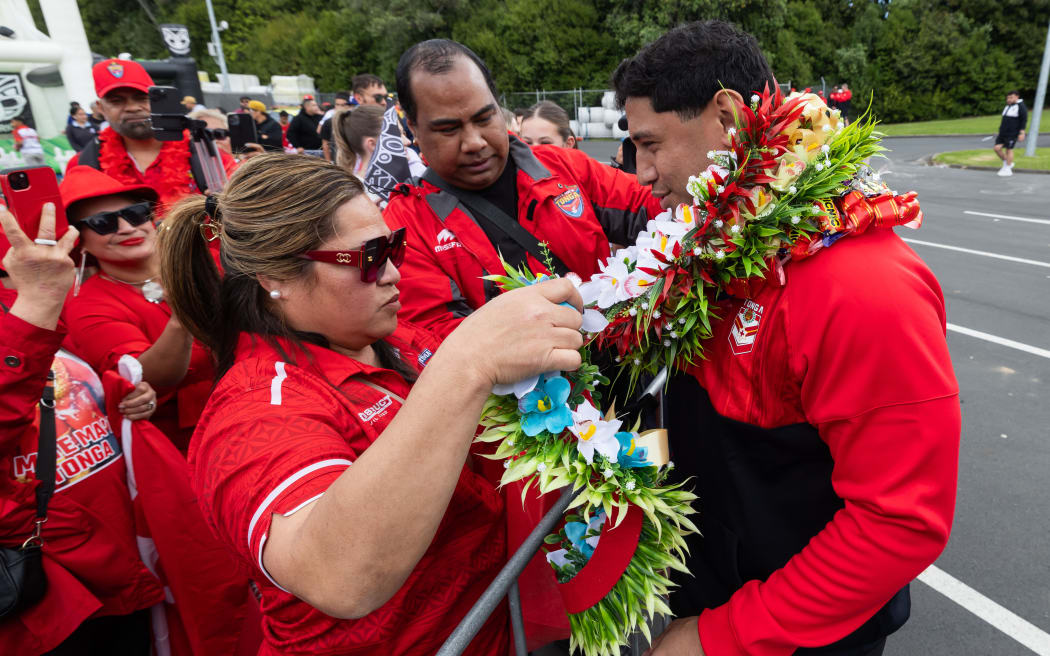 Tonga forward Jason Taumalolo with family during a Fan Day in Auckland.