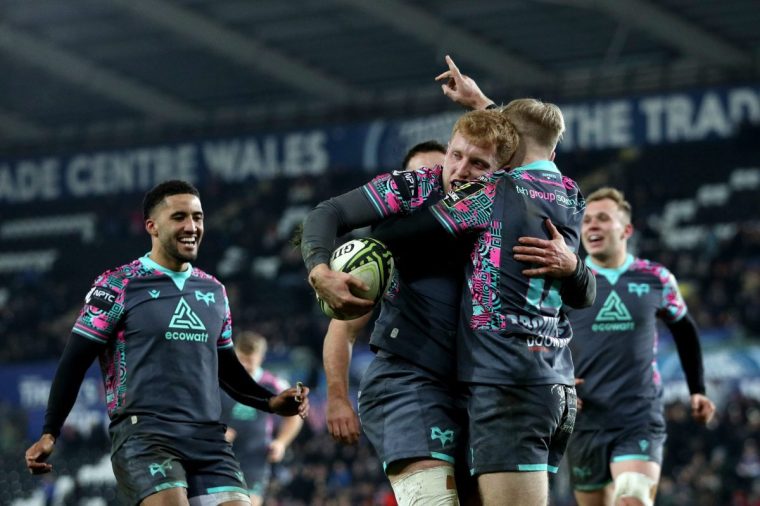 SWANSEA, WALES - JANUARY 12: Iestyn Hopkins of Ospreys celebrates with Mat Protheroe of Ospreys after scoring their team's second try during the EPCR Challenge Cup match between Ospreys and USAP at Swansea.com Stadium on January 12, 2024 in Swansea, Wales. (Photo by Ryan Hiscott/Getty Images)