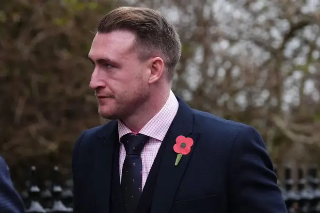 Former Scottish rugby captain Stuart Hogg leaves Selkirk Sheriff Court, where he admitted abusing his estranged wife over the course of five years