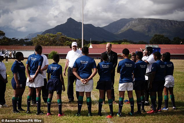 Prince William during a rugby session at Ocean View Secondary School in Cape Town today