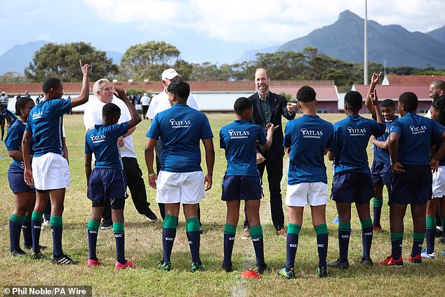 Prince William during a rugby session at Ocean View Secondary School in Cape Town today