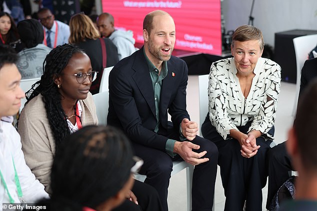 William and Earthshot chief executive Hannah Jones speak to a group in Cape Town today