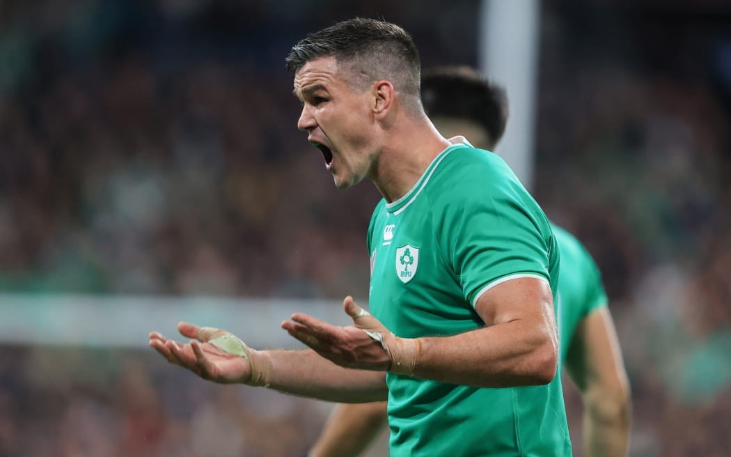 Ireland's Johnny Sexton questions a call during the 2023 RWC quarterfinal against the All Blacks.