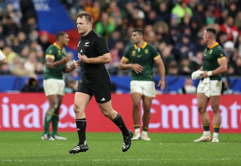 Sam Cane of New Zealand going off after receiving a yellow card which later became a red card during the World Cup final at Stade de France, Paris, on October 28th, 2023.  Photograph: Julian Finney - World Rugby/World Rugby via Getty Images