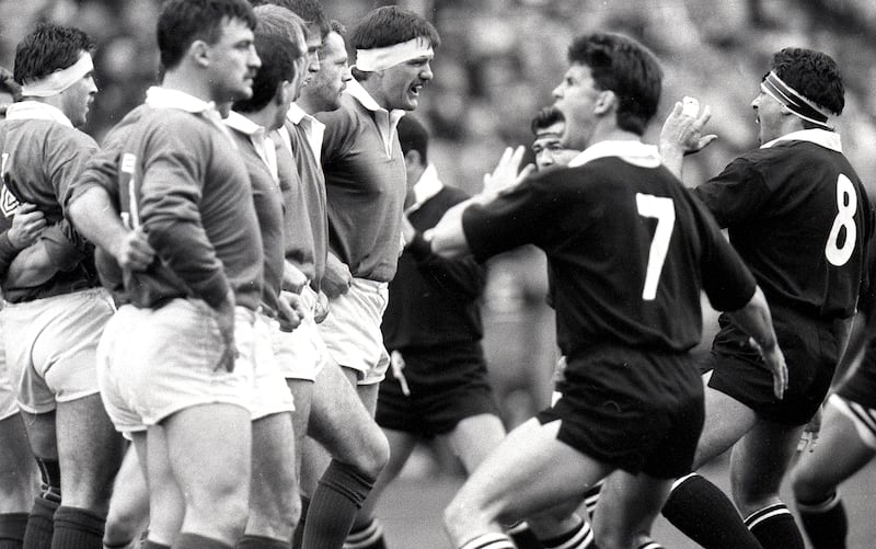 Ireland captain Willie Anderson faces up to New Zealand captain Wayne Shelford as the All Blacks preform 'The Haka' at Lansdowne Road in 1989. Photograph: Billy Stickland/Inpho 