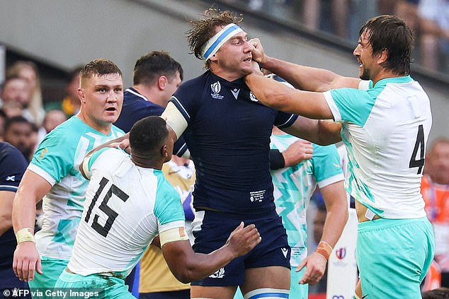 South Africa's Eben Etzebeth grapples with Scotland flanker Jamie Ritchie in France last year