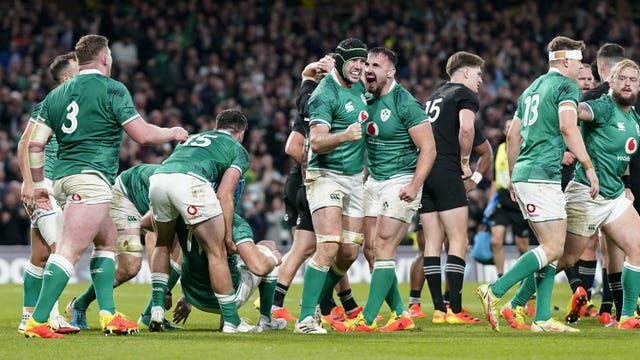 Caelan Doris celebrates scoring Ireland's third try during victory over New Zealand in 2021