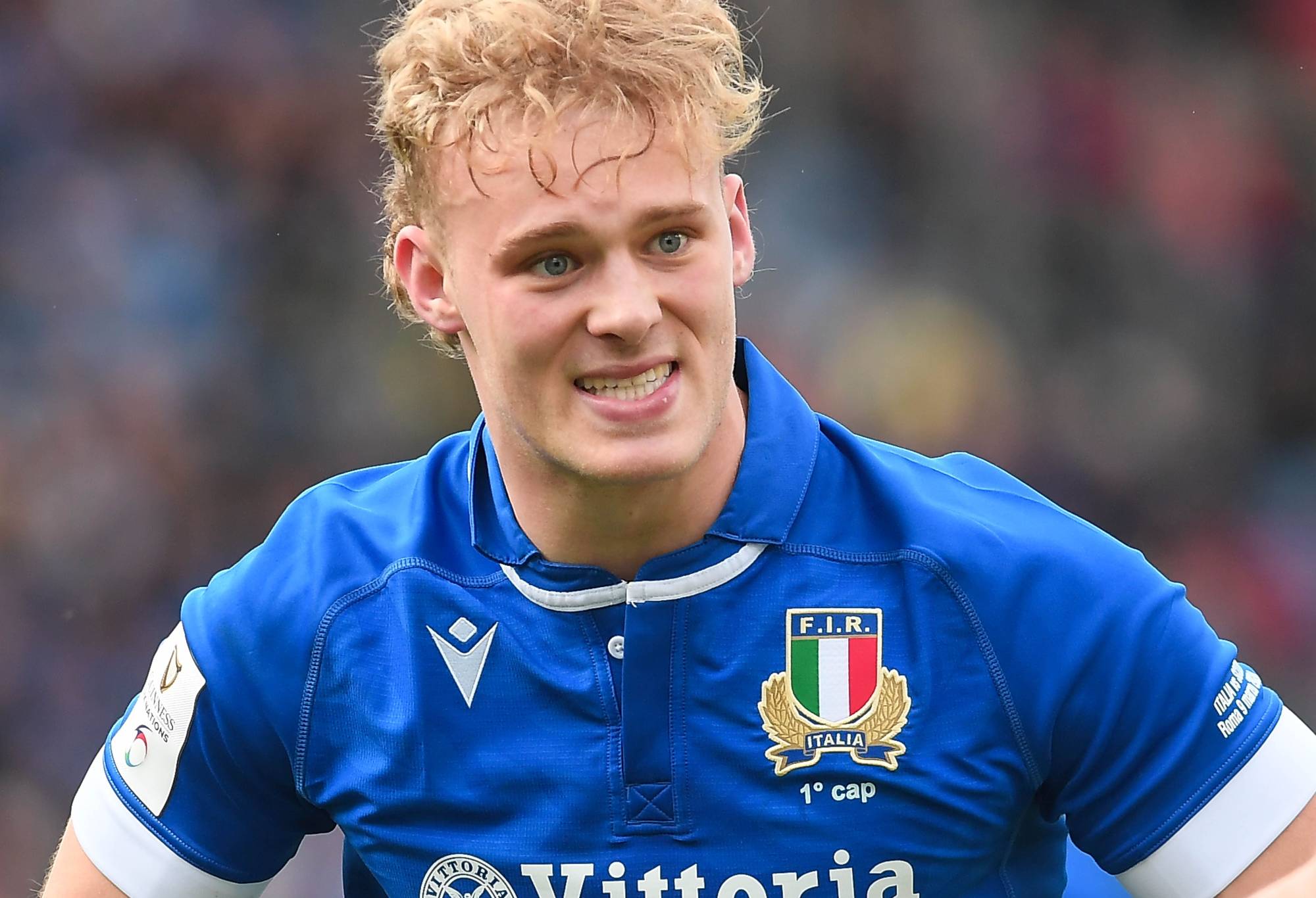 Louis Lynagh of Italy gestures during the Guinness Six Nations 2024 match between Italy and Scotland at Stadio Olimpico on March 09, 2024 in Rome, Italy. (Photo by Silvia Lore/Getty Images)