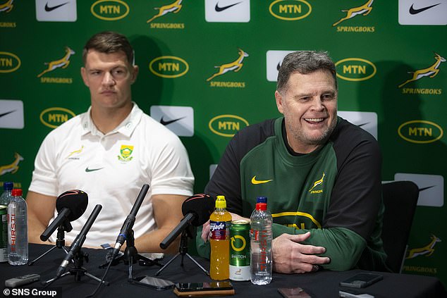 Elrigh Louw (left) and Rassie Erasmus speak to the media ahead of the Murrayfield clash