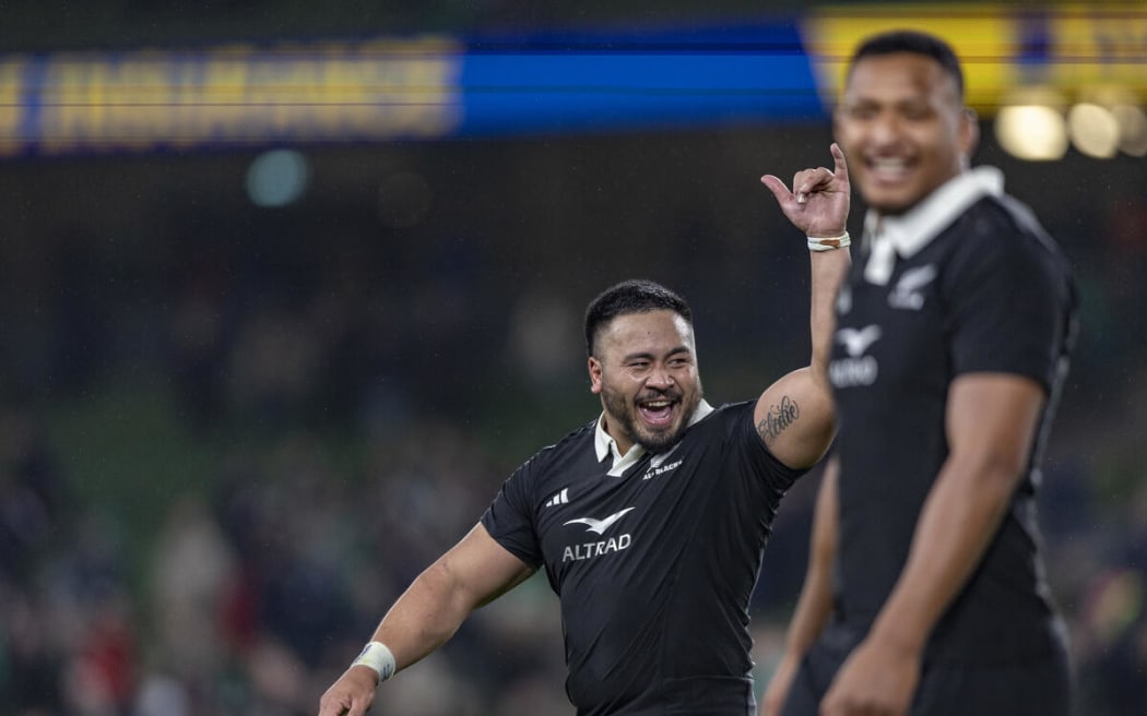 All Black Asafo Aumua celebrates at full-time following their win in the All Blacks v Ireland match.