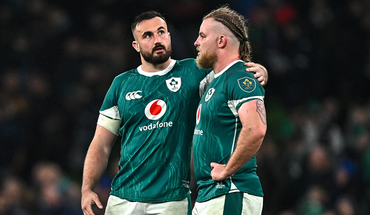 Ireland players Rónan Kelleher, left, and Finlay Bealham after their side's defeat in the Autumn Nations Series match between Ireland and New Zealand at the Aviva Stadium in Dublin. Pic: Sam Barnes/Sportsfile