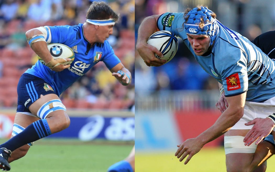 Dean Budd sets off on a run for Italy against the Wallabies in 2017, and in action for Northland in 2010.