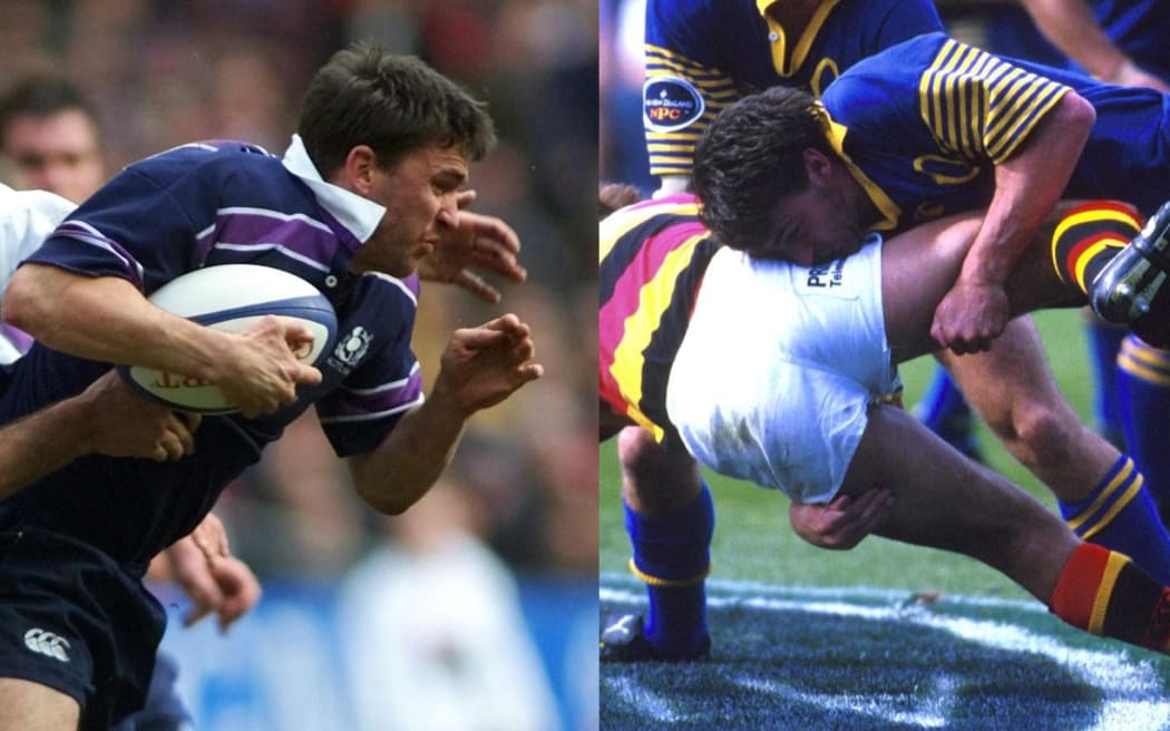 John Leslie playing for Scotland in 2002 and makeing a tackle in the 1998 NPC final.