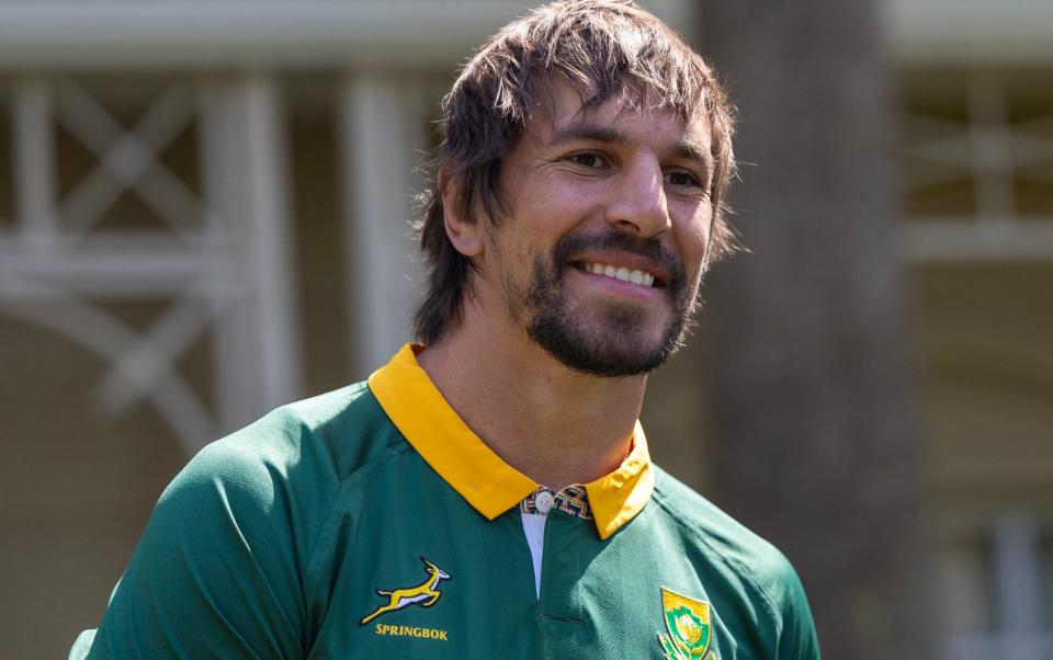 South Africa's lock Eben Etzebeth smiles as he arrives for a team photo session