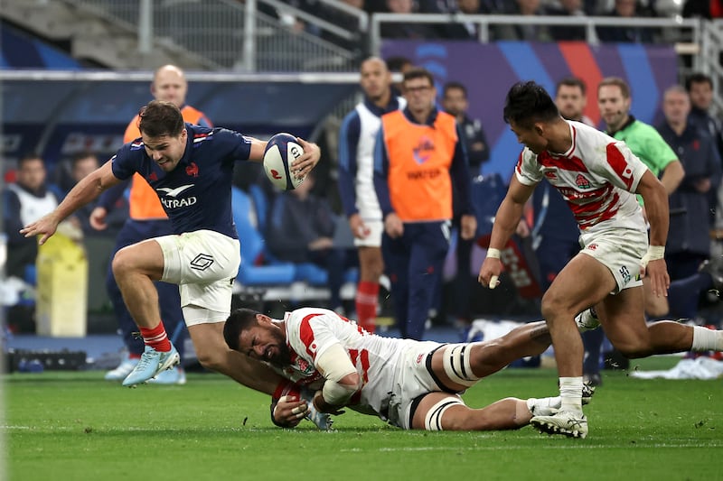 Antoine Dupont is tackled during the Autumn Nations Series rugby match between France and Japan on Novemner 9th. Photograph: Christophe Petit Tesson/Shutterstock