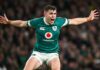 Ireland’s Garry Ringrose remonstrates with arms outstretched during his team's November 2024 match against New Zealand.