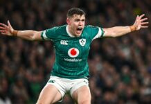 Ireland’s Garry Ringrose remonstrates with arms outstretched during his team's November 2024 match against New Zealand.