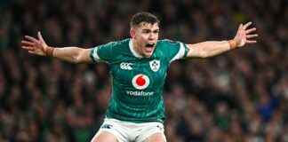 Ireland’s Garry Ringrose remonstrates with arms outstretched during his team's November 2024 match against New Zealand.