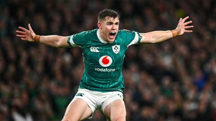 Ireland’s Garry Ringrose remonstrates with arms outstretched during his team's November 2024 match against New Zealand.