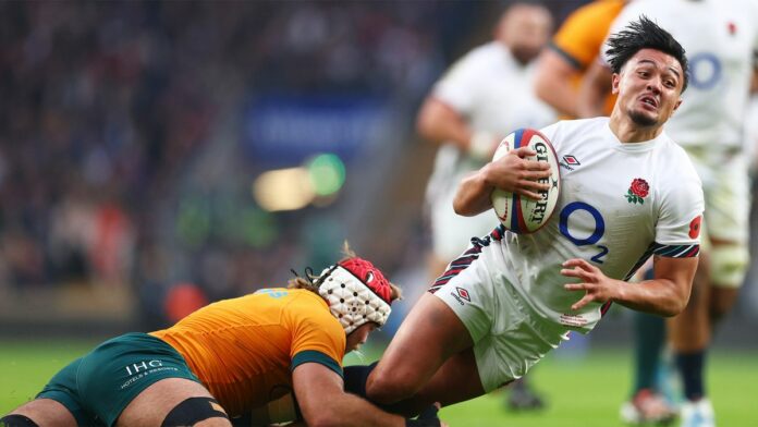 England's Marcus Smith is tackled by Australia's Fraser McReight in the 2024 Autumn International.